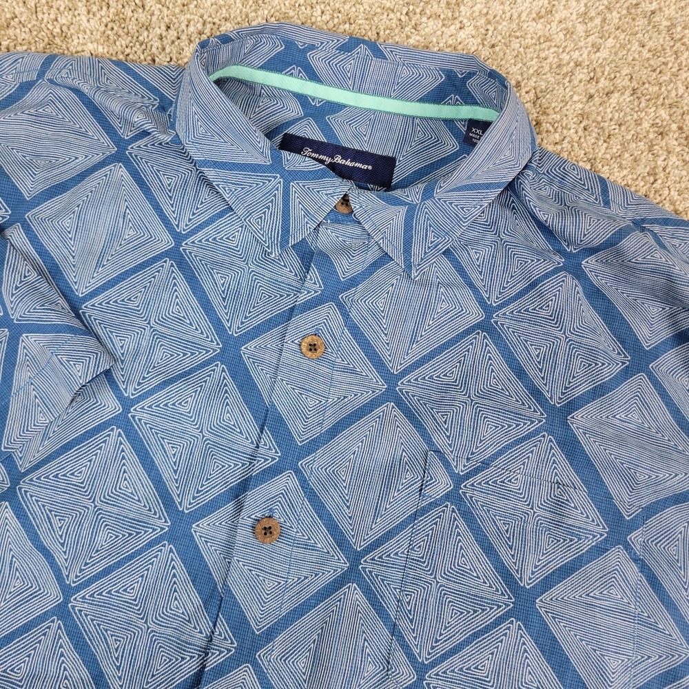 Tommy Bahama Mens 2XL Blue AOP Geometric Hawaiian Short‎ Sleeve 100% Silk